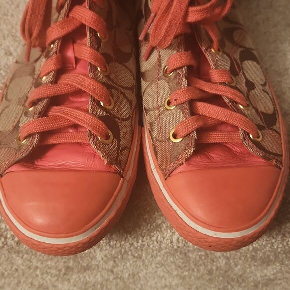 Coach "Franca" Brown Jacquard Signature w/ Pink Accents Hi Top Sneakers Size 9 - Picture 4 of 14